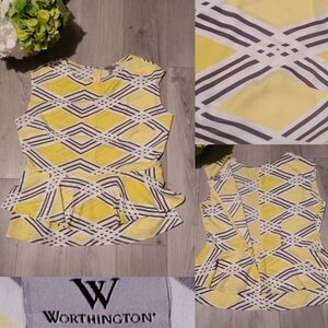 Worthington Geometric Two-tiered Peplum Yellow, Gray, White Sleeveless Blouse, L